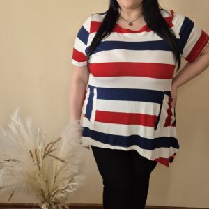 duża bluzka w pasy, bluzka marynistyczna, bluzka plus size, letnia bluzka damska, bluzka z kieszeniami