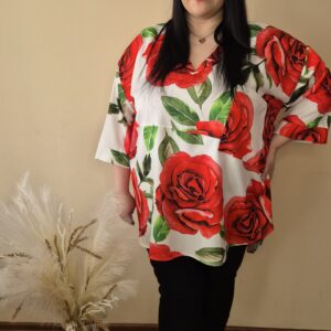 duża bluzka wizytowa, bluzka plus size elegancka, śmietankowa bluzka damska, bluzka z kwiatowym printem, bluzka z rękawem 3/4