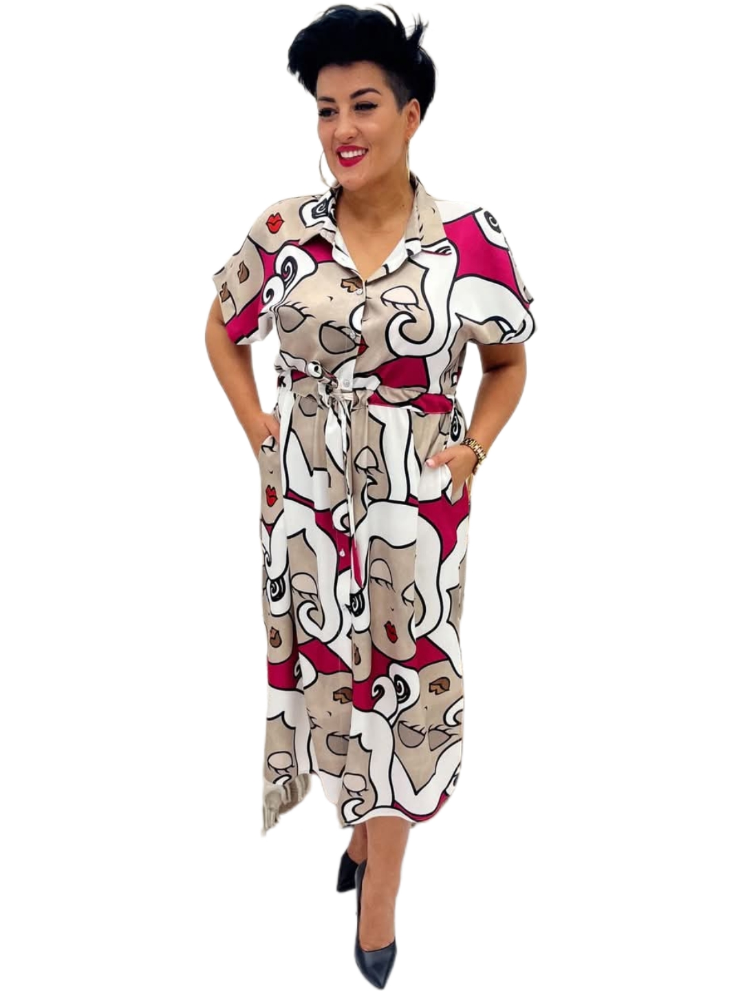 duża sukienka płaszczyk beż, sukienka koszulowa beżowa, sukienka wiosenna z krótkim rękawem, sukienka plus size elegancka, sukienka z paskiem casual