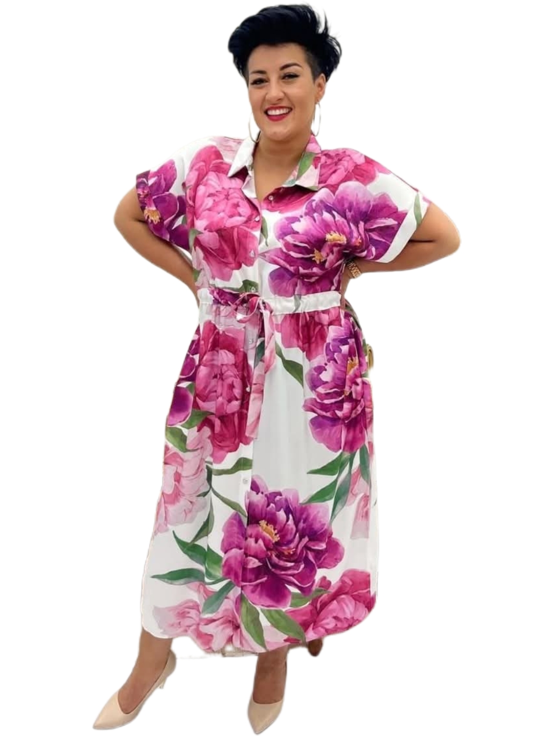 duża sukienka płaszczyk, sukienka koszulowa w kwiaty, elegancka sukienka z paskiem, sukienka z krótkim rękawem, wygodna sukienka na lato