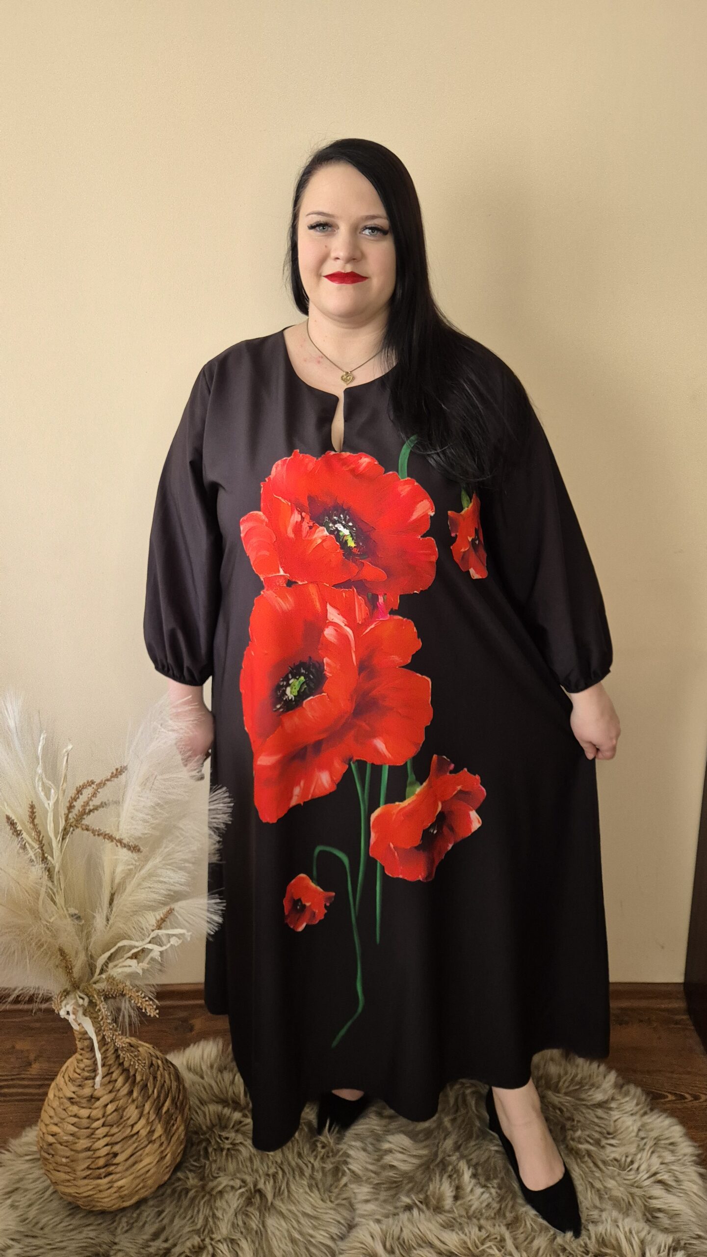 duża sukienka maxi czerwone maki, sukienka z długim rękawem, sukienka w czerwone maki, artystyczna sukienka damska, sukienka oversize kobieca