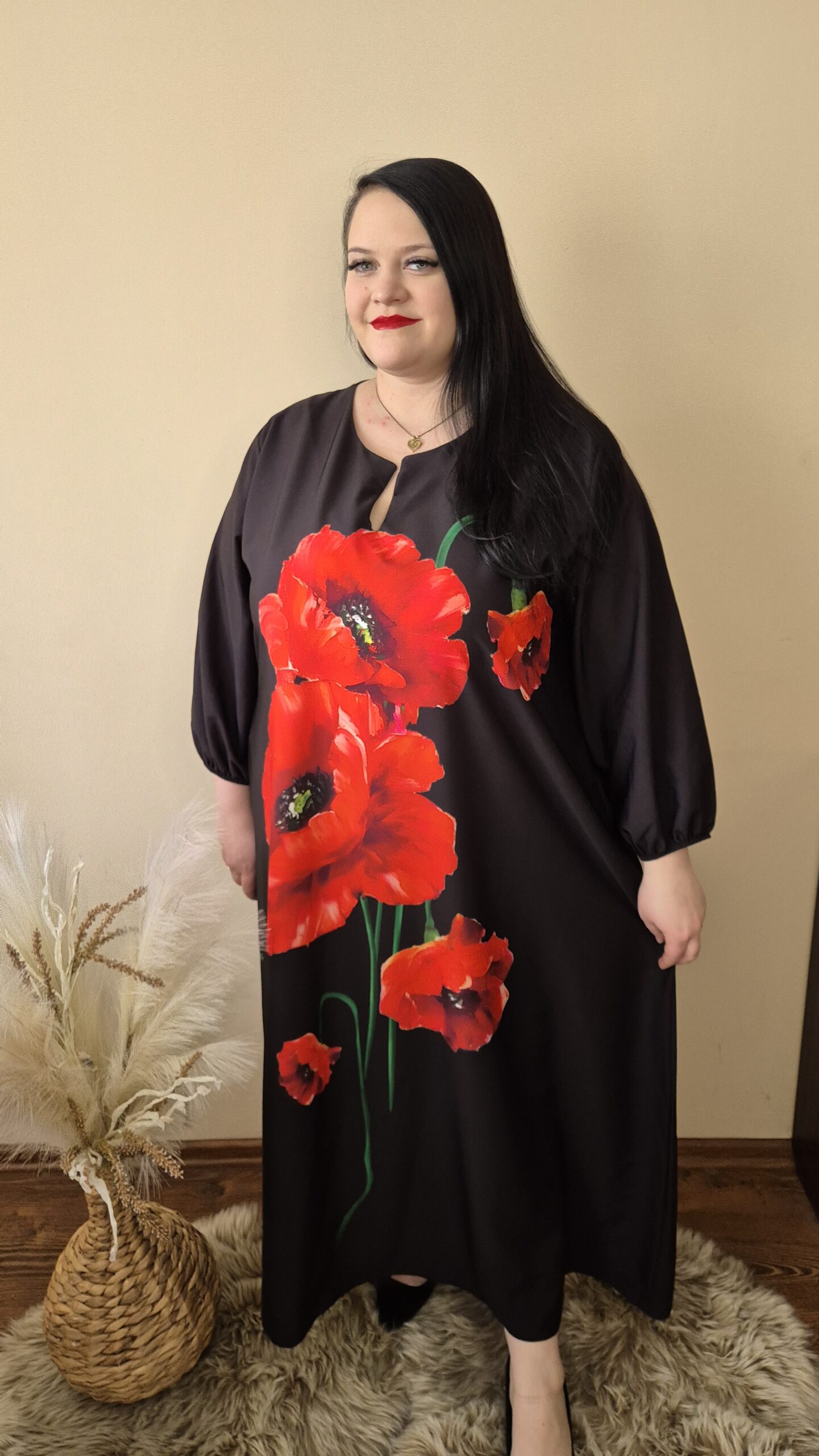 Duża sukienka maxi Czerwone Maki, bawełna, artystyczny wzór - obrazek 2