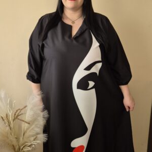 duża sukienka maxi twarz, sukienka maxi artystyczna, kolorowa sukienka plus size, oryginalna sukienka z printem, sukienka z twarzą