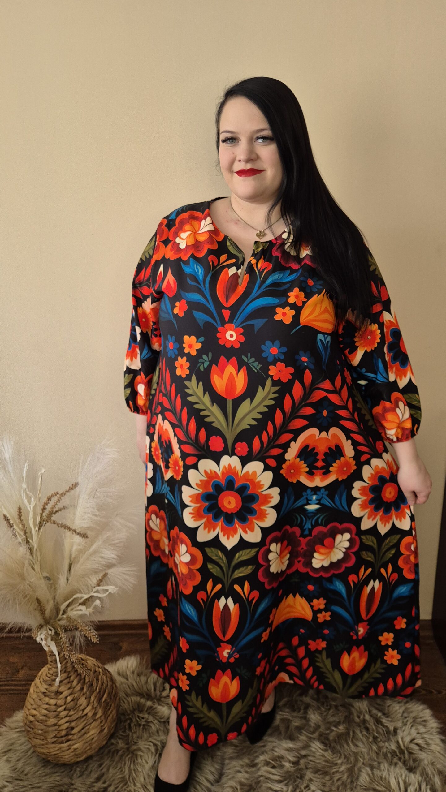DUŻA sukienka maxi, sukienka z wzorem ludowym, sukienka plus size elegancka, sukienka maxi z długim rękawem, folkowa sukienka boho