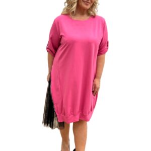 duża sukienka z tiulem róż, sukienka sportowo-elegancka, różowa sukienka z rękawem 3/4, sukienka z ozdobnym suwakiem, sukienka na co dzień i wieczór