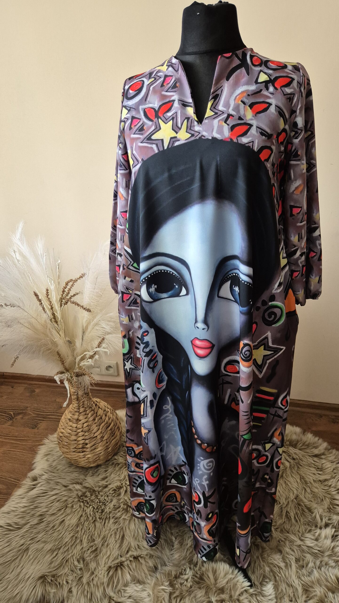Sukienka maxi, sukienka z printem, długa sukienka z rękawem, sukienka boho elegancka, kolorowa sukienka maxi