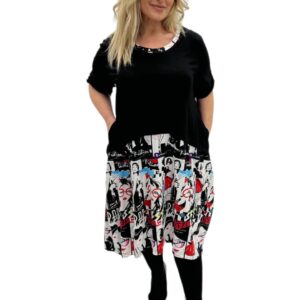 Duża sukienka czarny komiks, duża sukienka, sukienka czarna plus size, sukienka z wzorem, sukienka z rękawem 3/4, sukienka wiskozowa