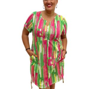 duża tunika letnia limonka-róż, tunika bawełniana damska, przewiewna tunika na lato, tunika limonka róż, letnia tunika plus size
