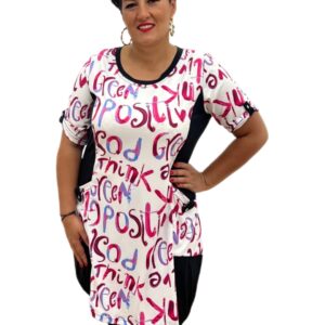 tunika różowe litery, tunika z rękawem 3/4, tunika z wysmuklającymi wstawkami, tunika damska plus size, tunika wiskozowa, tunika różowa