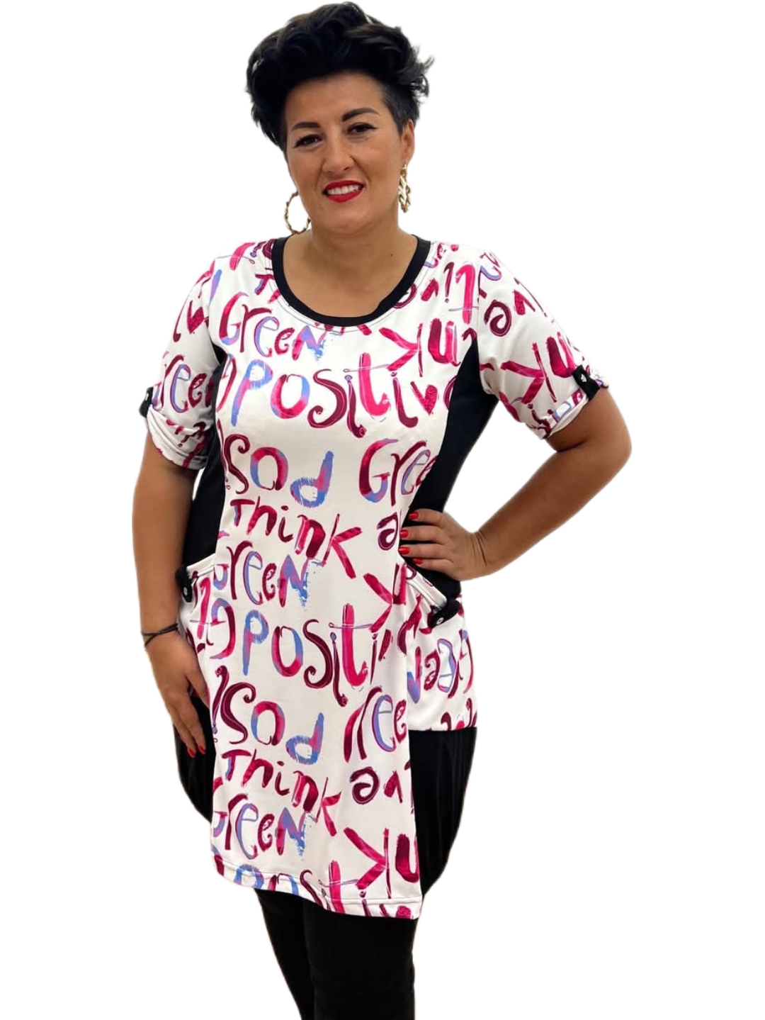 tunika różowe litery, tunika z rękawem 3/4, tunika z wysmuklającymi wstawkami, tunika damska plus size, tunika wiskozowa, tunika różowa