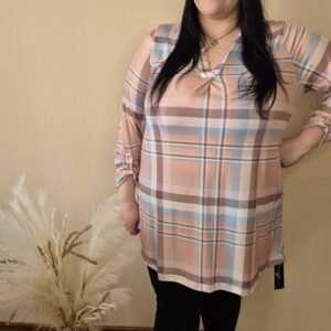 duża tunika pastelowa, tunika w kratkę, tunika damska elegancka, tunika plus size, pastelowa tunika z dekoltem