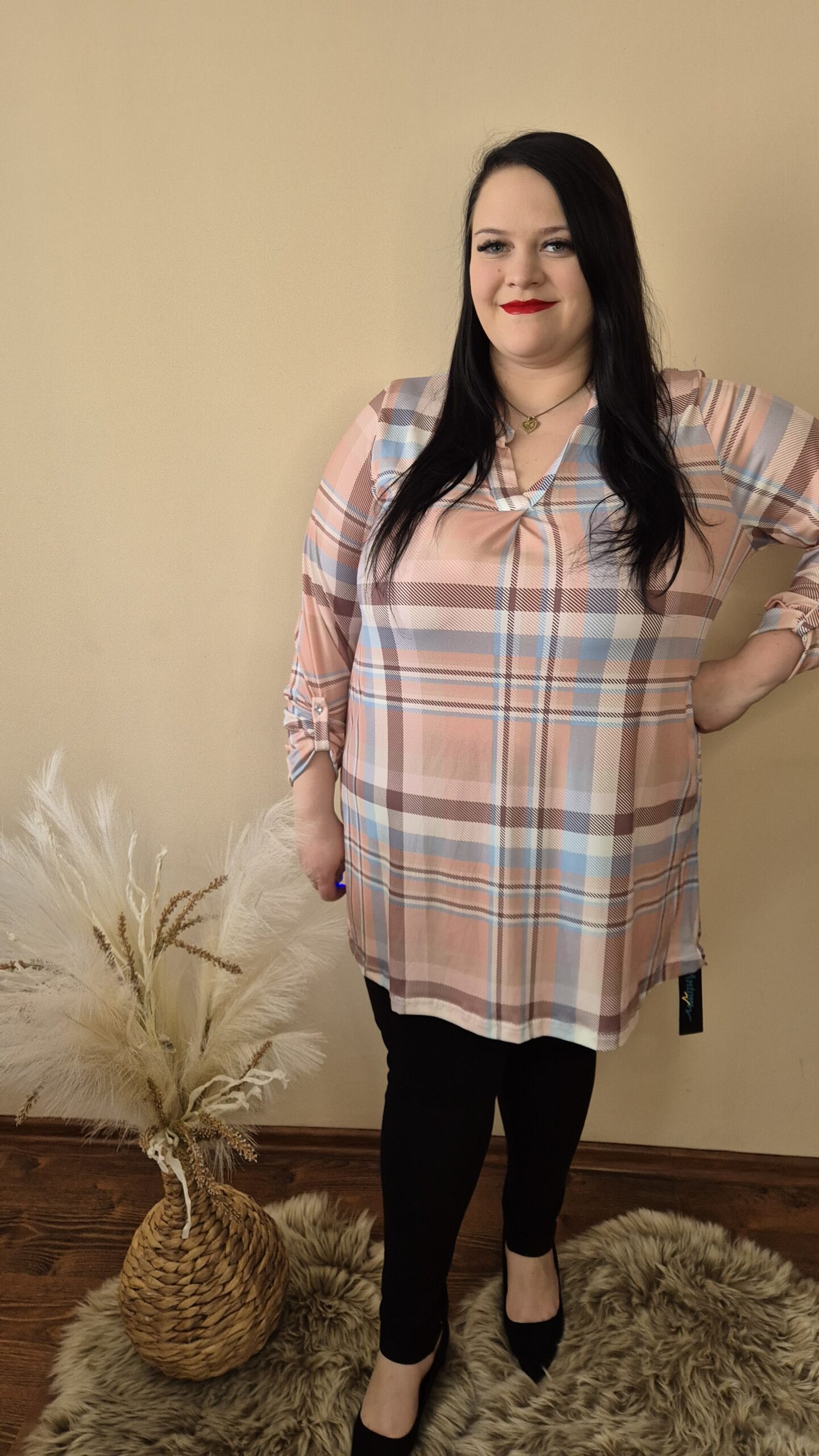 duża tunika pastelowa, tunika w kratkę, tunika damska elegancka, tunika plus size, pastelowa tunika z dekoltem
