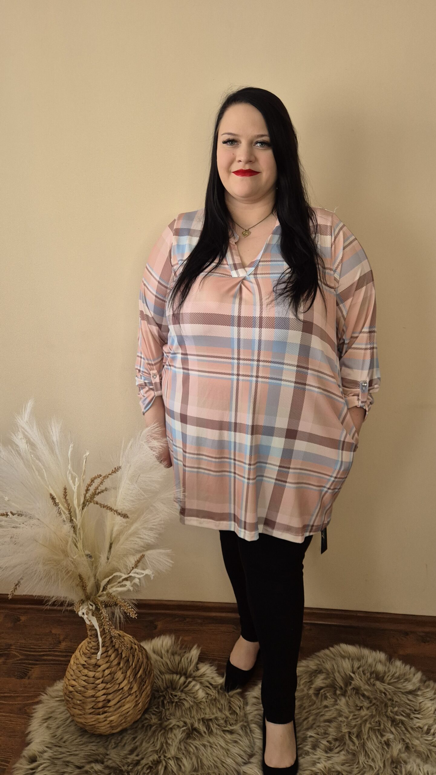 Duża tunika pastelowa – Kratka, elegancja, komfort | Wielokolorowa - obrazek 2