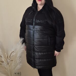 duża kurtka damska, kurtka z cyrkoniami, czarna kurtka pikowana, płaszczyk z kapturem, kurtka plus size