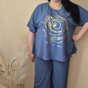 duży komplet róża, damski, bluzka i spodnie eleganckie, zestaw na imprezę, komplet na chrzest, elegancka odzież damska