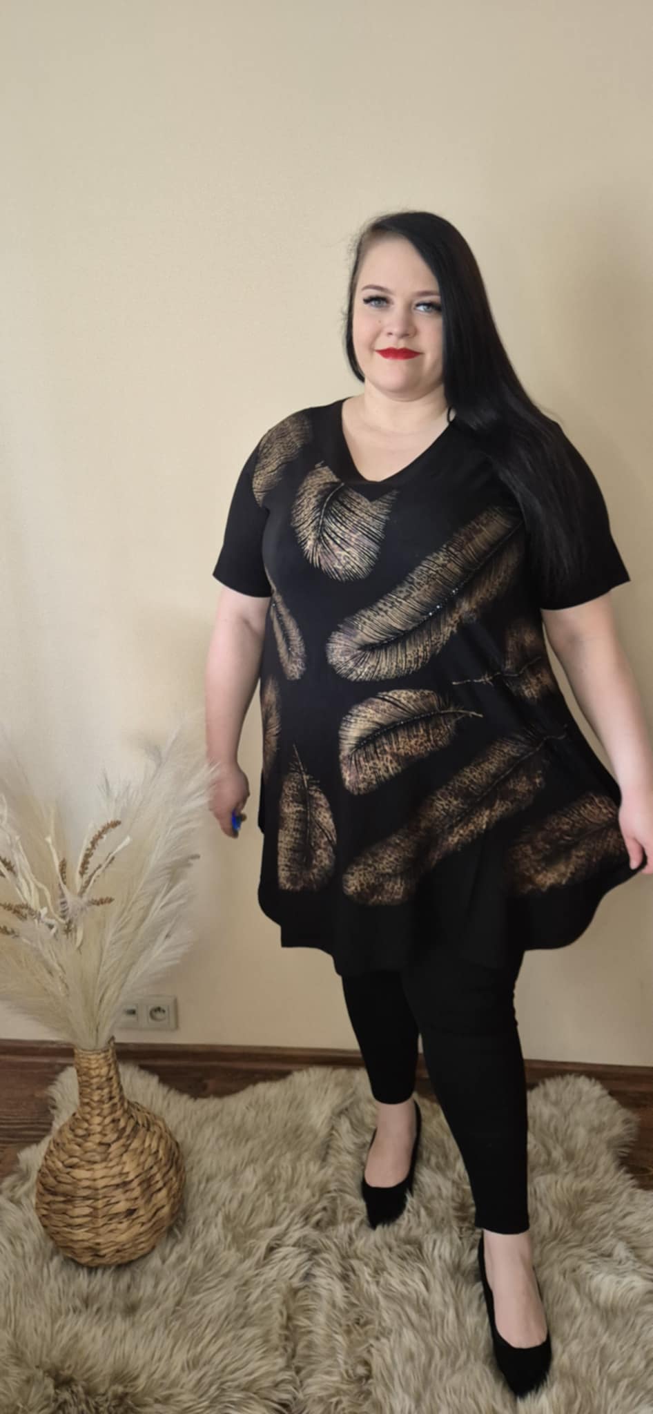 Duża tunika Złote Liście – A-line, premium, czarna, plus size - obrazek 3