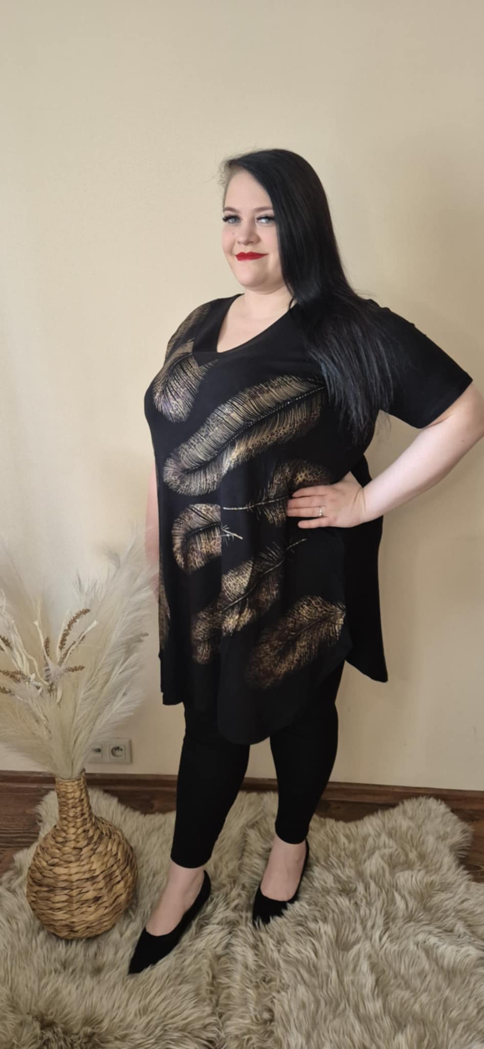 Duża tunika Złote Liście – A-line, premium, czarna, plus size - obrazek 4