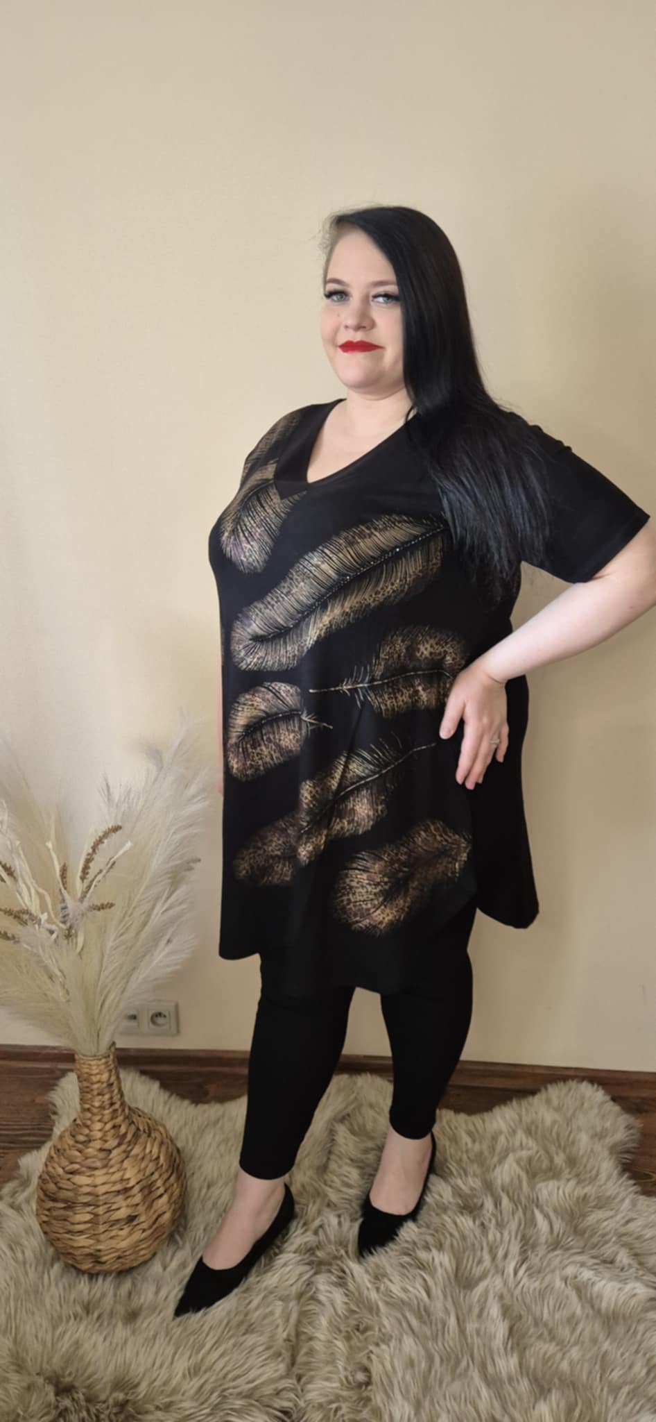 Duża tunika Złote Liście – A-line, premium, czarna, plus size - obrazek 5