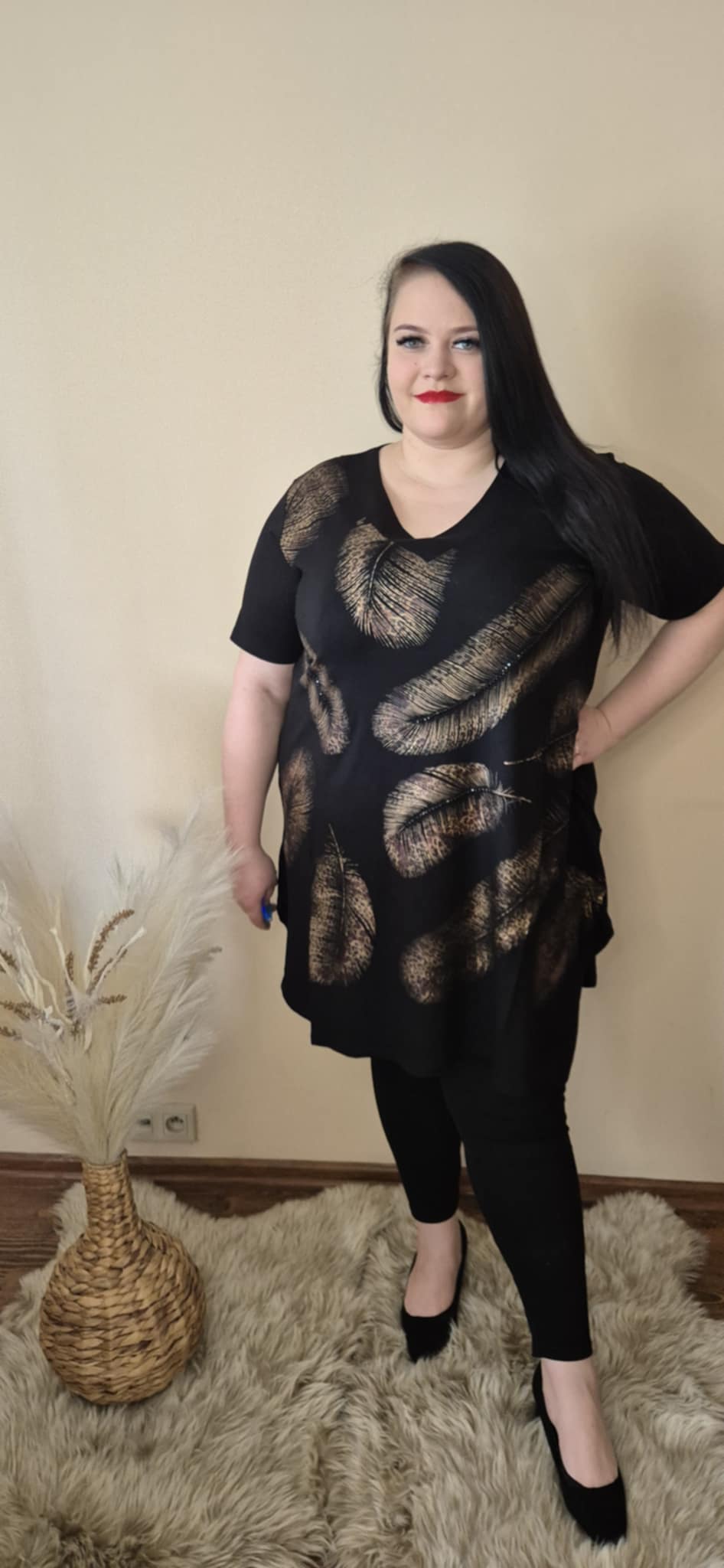duża tunika złote liście, tunika na szerokie biodra, tunika plus size, tunika A-line, modna tunika damska