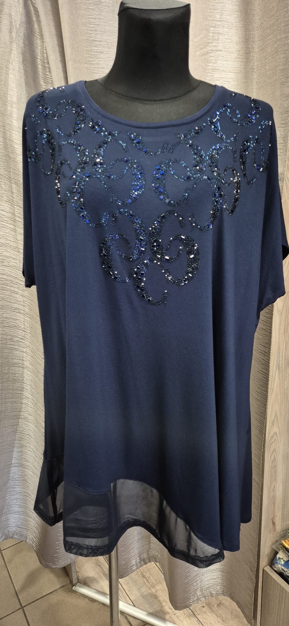 duża tunika turecka, tunika plus size, elegancka tunika damska, granatowa tunika z kryształkami, tunika z wiskozy