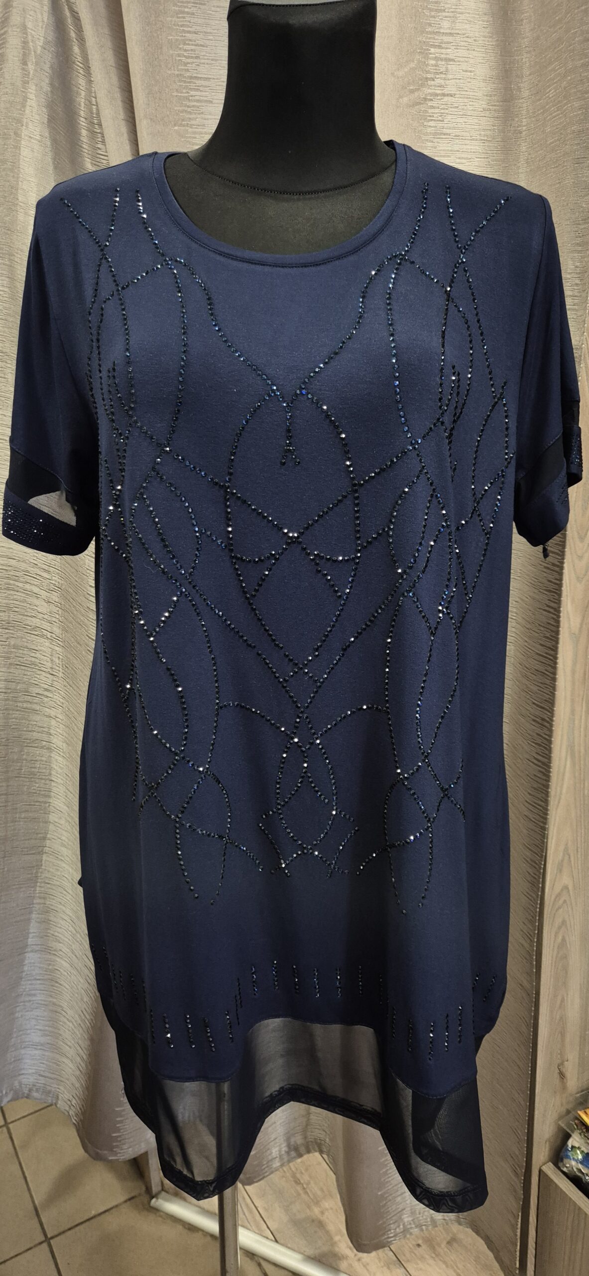 duża tunika, tunika plus size, tunika z kryształkami, tunika wiskoza, granatowa tunika